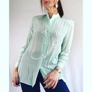 80’s Vintage Diane Gilman Mint Green Sequined Silk Top
